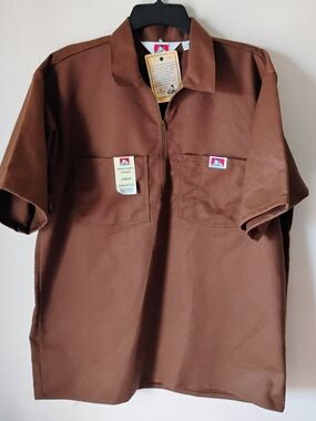Ben Davis Short Sleeve Work Shirt in Brown with Zip Placket